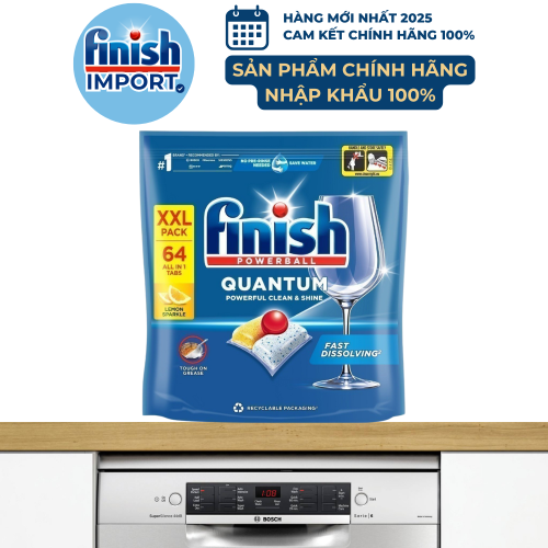 Túi 64 viên rửa chén Finish Quantum All in 1 (14x tính năng trong 1 viên Bao Bì mới – Hương Chanh) – (Dành cho máy rửa chén 10-12-13 bộ).